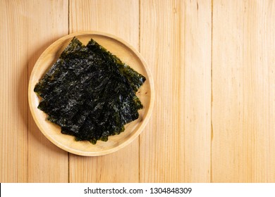 Crispy Dried Seaweed, Nori Sheet, On Wooden Dish