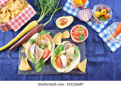 Crispy Fish Tacos With Jalapenos, Salsa And Chips