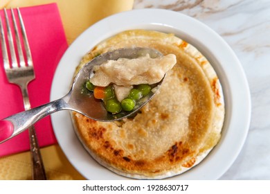 Crispy Flaky Baked Chicken Pot Pie In White Bowl