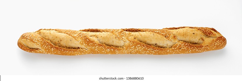 Crispy French bread-Baguette with sesame seeds-with golden crust, isolated on white background - Powered by Shutterstock