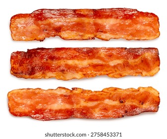 Crispy fried bacon texture isolated on white background, Freshly cooked and golden brown fried bacon on white background With work path.