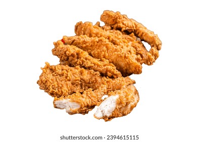 Crispy fried Breaded chicken strips, breast fillet meat with tomato ketchup on a plate. Isolated, white background