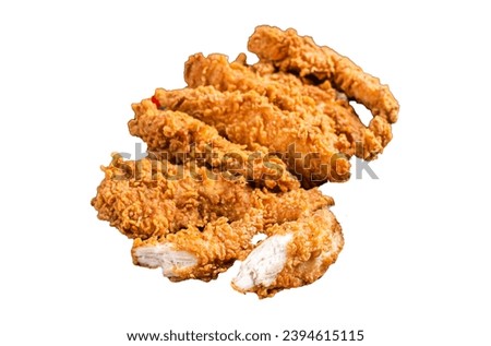 Crispy fried Breaded chicken strips, breast fillet meat with tomato ketchup on a plate. Isolated, white background