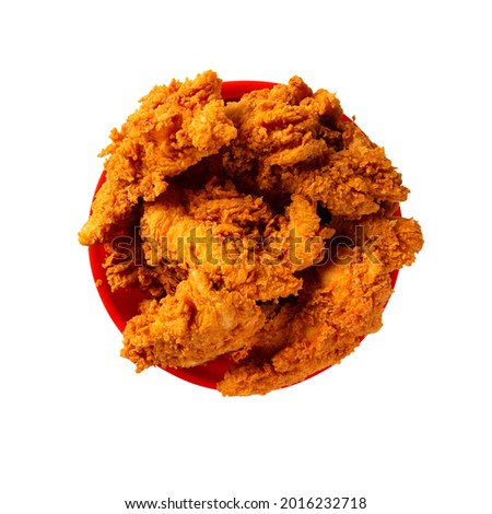 Crispy Fried Chicken big red Bucket - top view - White Background.