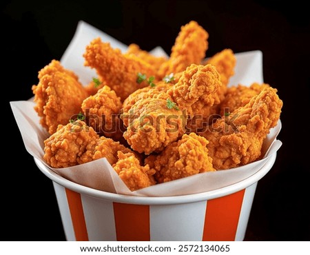 Crispy fried chicken bucket, dark background, food photography, restaurant menu