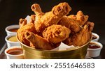 A crispy fried chicken bucket, with golden pieces of chicken and a side of dipping sauces.