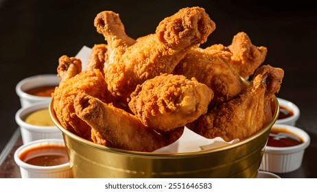 A crispy fried chicken bucket, with golden pieces of chicken and a side of dipping sauces.