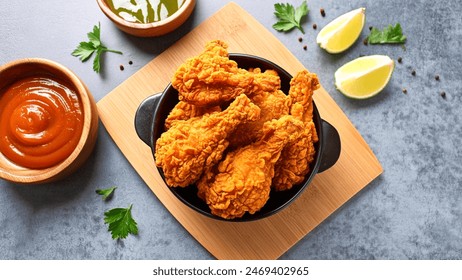 Crispy fried chicken drumsticks in a black bowl on a wooden board, surrounded by dipping sauces, lemon wedges, and fresh parsley. Perfect for illustrating delicious comfort food and dining themes.