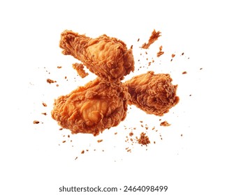 Crispy fried chicken pieces in mid-air with crumbs scattering isolated
