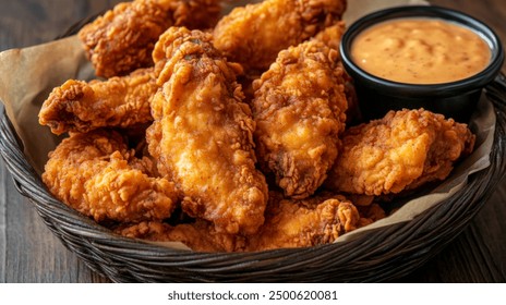 Crispy Fried Chicken Tenders with Dipping Sauce for your background business, poster, wallpaper, banner, backdrop, greeting cards, and advertising for business entities or brands.