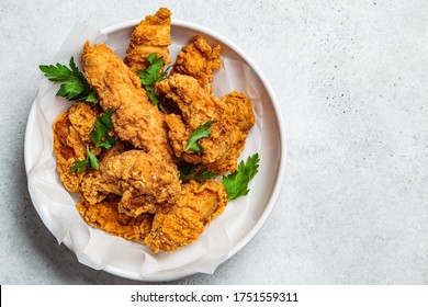 Crispy Fried Chicken In A White Bowl, Top View.