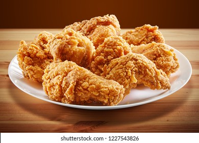 Crispy Fried Chicken In A Wooden Table