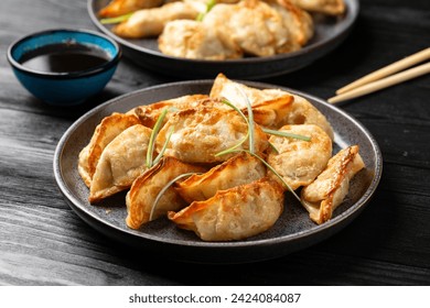 Crispy fried dumplings Gyoza with vegetables. Asian food.