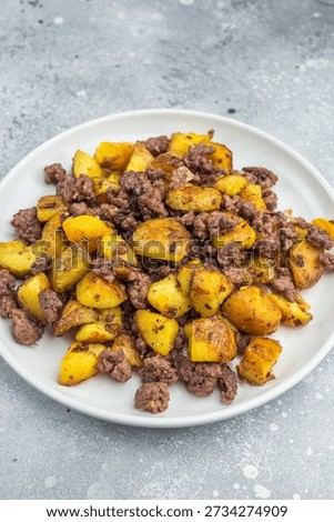 Crispy fried potatoes with ground beef served on a white plate, hearty homemade hash on a rustic grey background