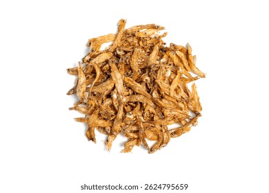 Crispy fried salted anchovies on isolated white background, Top view