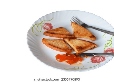 Crispy and golden toast with mango jam, and a glass of water - Powered by Shutterstock