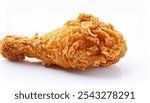 crispy, golden-brown fried chicken drumstick isolated on a white background, showcasing its textured coating and tempting appearance.