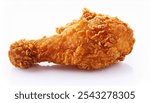 crispy, golden-brown fried chicken drumstick isolated on a white background, showcasing its textured coating and tempting appearance.