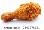 crispy, golden-brown fried chicken drumstick isolated on a white background, showcasing its textured coating and tempting appearance.