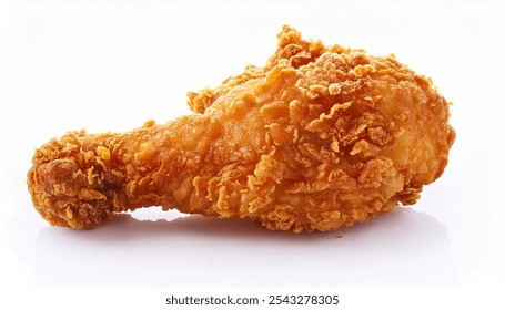 crispy, golden-brown fried chicken drumstick isolated on a white background, showcasing its textured coating and tempting appearance.