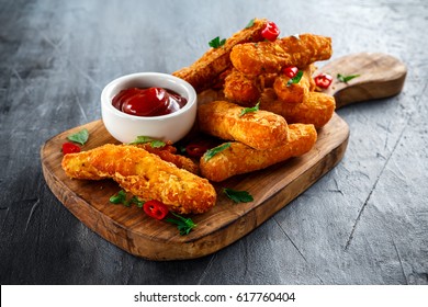 Crispy Halloumi Cheese Sticks Fries With Chili Sauce For Dipping.