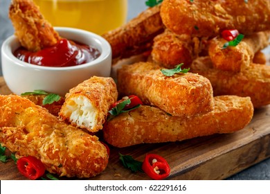 Crispy Halloumi Cheese Sticks Fries With Chili Sauce For Dipping.