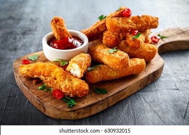 Crispy Halloumi Cheese Sticks Fries With Chili Sauce For Dipping.