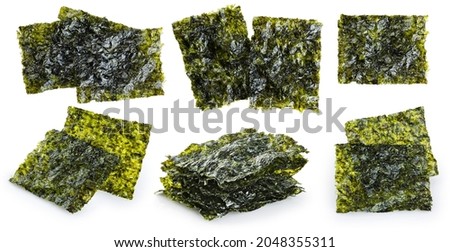 Crispy nori seaweed korean snack isolated on white background. Collection with clipping path.