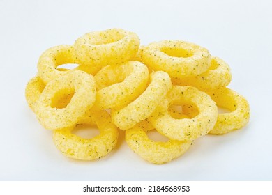 Crispy onion rings, isolated on white background, full depth of field. Сorn rings. Design element. Snacks for watching movies. - Shutterstock ID 2184568953