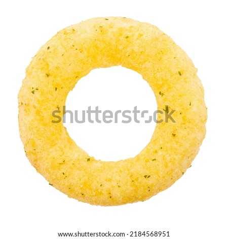 Crispy onion rings, isolated on white background, full depth of field. Сorn rings. File contains clipping path. Design element. Snacks for watching movies.