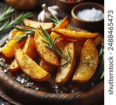 Crispy Oven Baked Potato Wedges with Rosemary Garnish