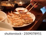 Crispy Pan-Fried Japanese Gyoza Dumplings on a brown table, with rice, plates, bowls, chopsticks at a Japanese restaurant in Tokyo.