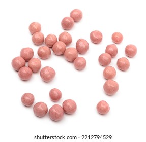 Crispy Pink Jelly Beans Scattered On A White Background