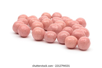 Crispy Pink Jelly Beans Scattered On A White Background