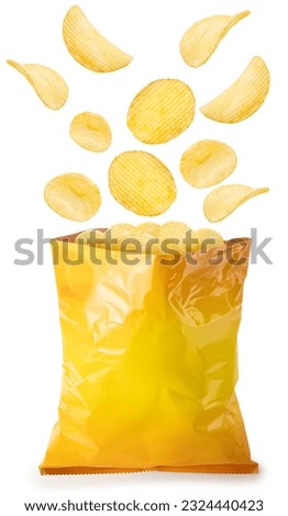 Crispy Potato chips fly out of yellow bag isolated on white background, Potato chips on white With clipping path.