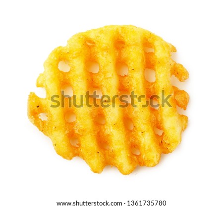 Crispy potato frie waffle, wavy, crinkle cut, criss cross cries isolated on white background.
Top view.