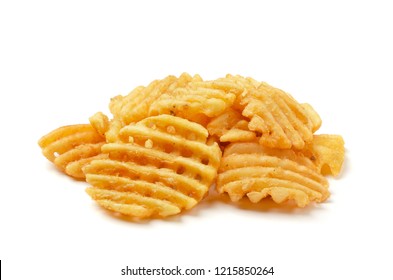 Crispy potato waffles fries, wavy, crinkle cut, criss cross cries isolated on white background