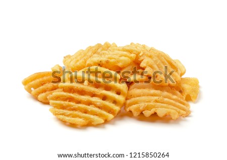 Crispy potato waffles fries, wavy, crinkle cut, criss cross cries isolated on white background