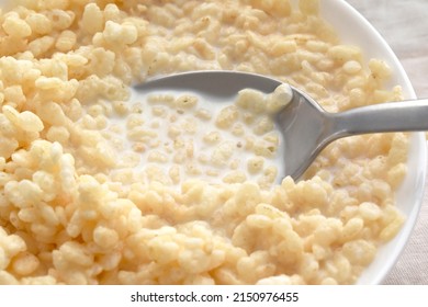 Crispy Rice Cereal In A White Bowl. 