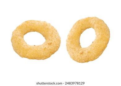 Crispy ring snacks isolated on white background. Corn onion rings in bowl isolated on white background. Crispy onion rings, isolated on white background. Snacks for watching movies.