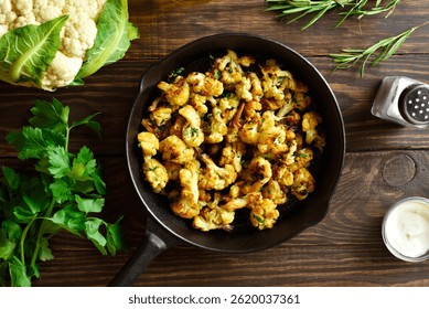 Crispy roasted cauliflower in cast iron skillet on wooden background. Top view, flat lay