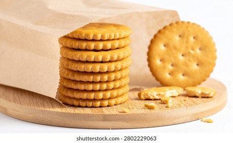 Crispy round biscuit crackers with stack and broken pieces, paper plastic takeaway bag package, wooden serving board isolated mockup.