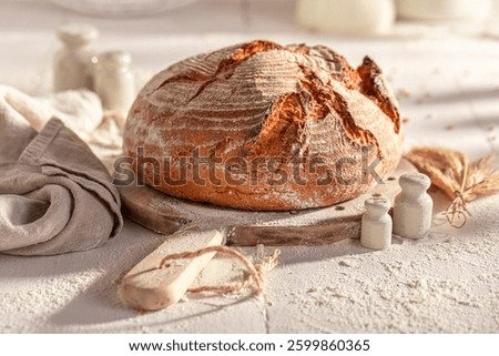 Crispy and rustic round loaf bread baking in with grain. Bread in the countryside.