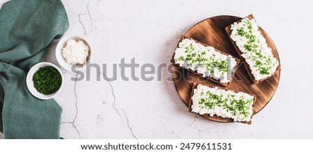 Crispy rye bread with cottage cheese and green onions on a board top view web banner