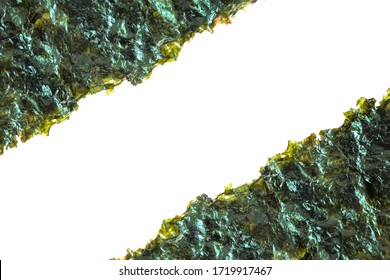 Crispy Seaweed Isolated On The White Background With Copy Space. Dry Nori Green Sheets Food Texture. Flat Lay, Top View.