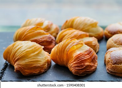 crispy sfogliatelle in typical Neapolitan pastry - Shutterstock ID 1590408301