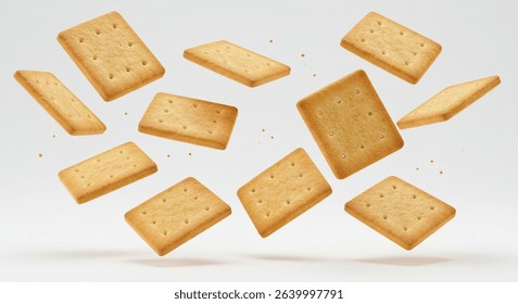 Crispy Square Crackers Falling Against Soft Beige Background