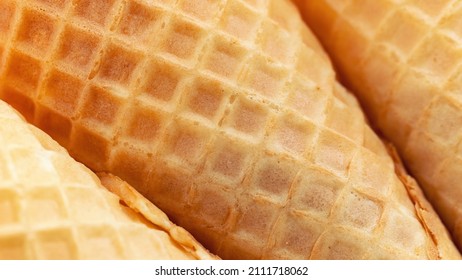 Crispy Waffles Macro Photography. Ice Cream Cone Close-up. High Resolution Waffle Cone Texture With Copy Space.