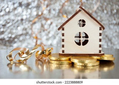 Cristmas greeting card with new year balls, house model and coins, merry christmas and happy new year  concept