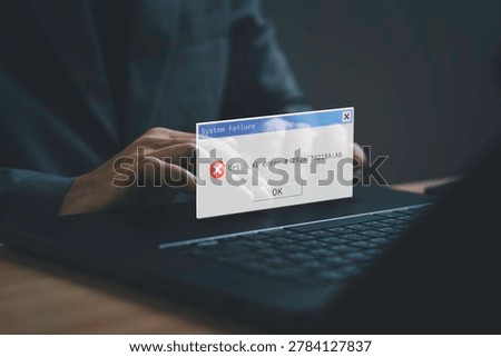 Critical system failure and computer error concept with warning popup on screen. Symbol of software crash, cybersecurity issue, technical problem and digital system malfunction.